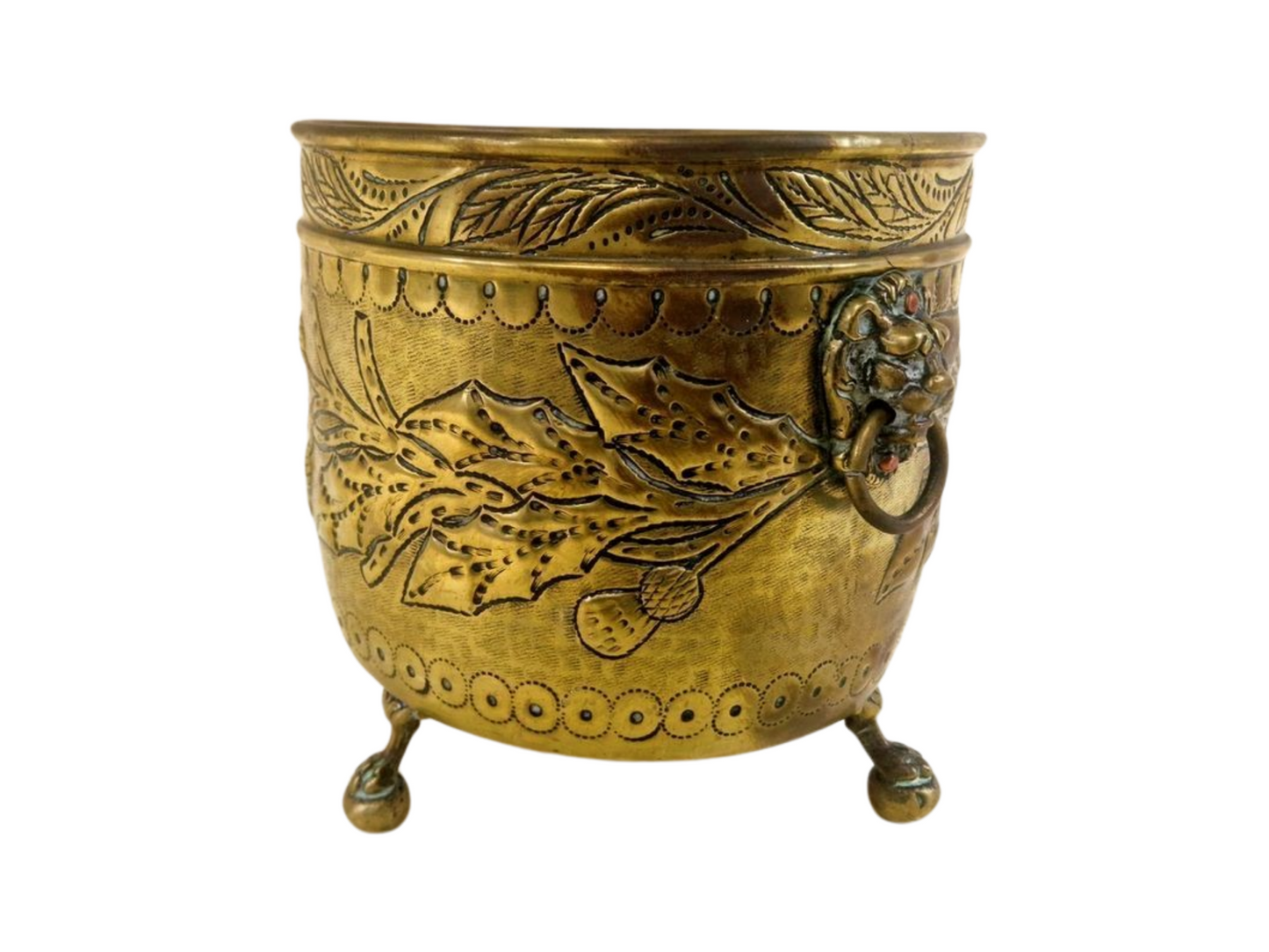 Antique 18th Century French Brass Jardiniére - Flowerpot with Lions Head and Beautiful Patina