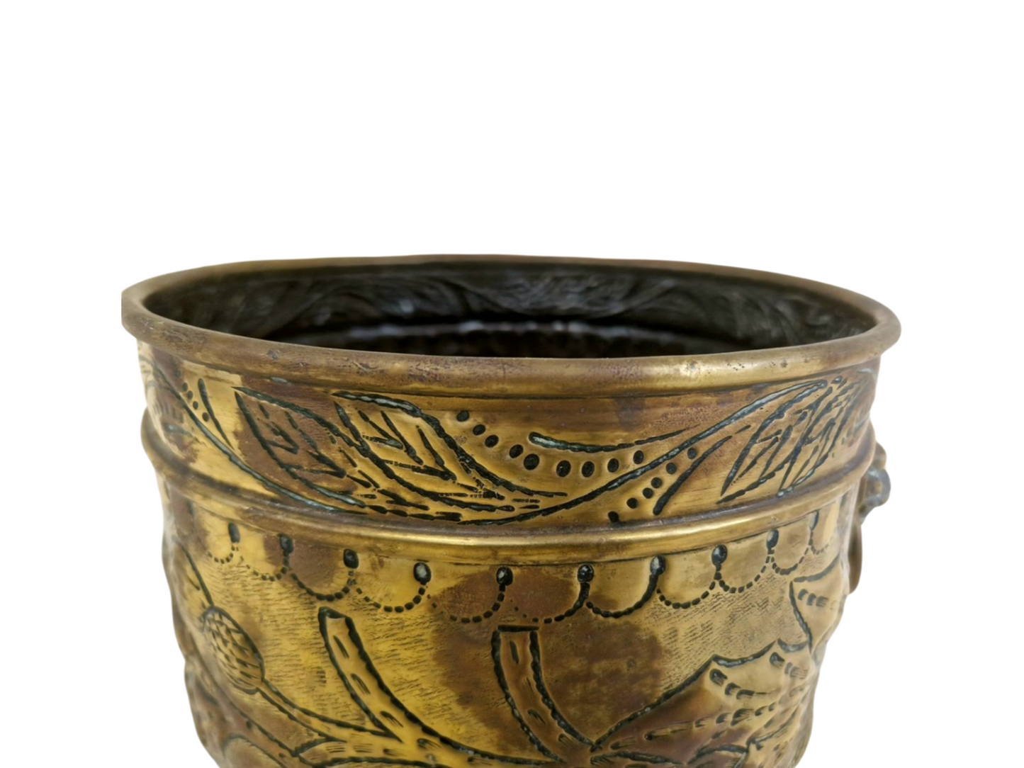 Antique 18th Century French Brass Jardiniére - Flowerpot with Lions Head and Beautiful Patina