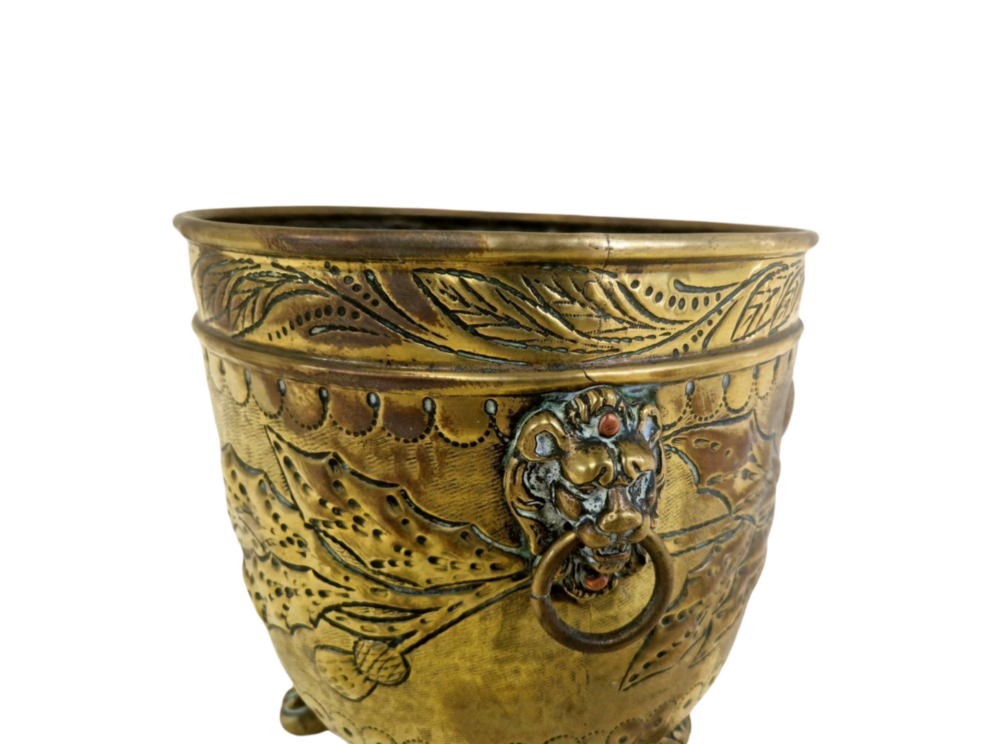 Antique 18th Century French Brass Jardiniére - Flowerpot with Lions Head and Beautiful Patina