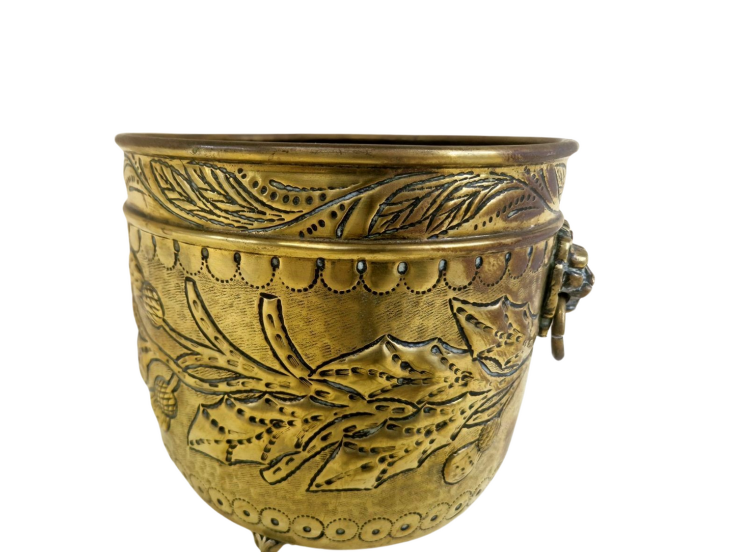 Antique 18th Century French Brass Jardiniére - Flowerpot with Lions Head and Beautiful Patina