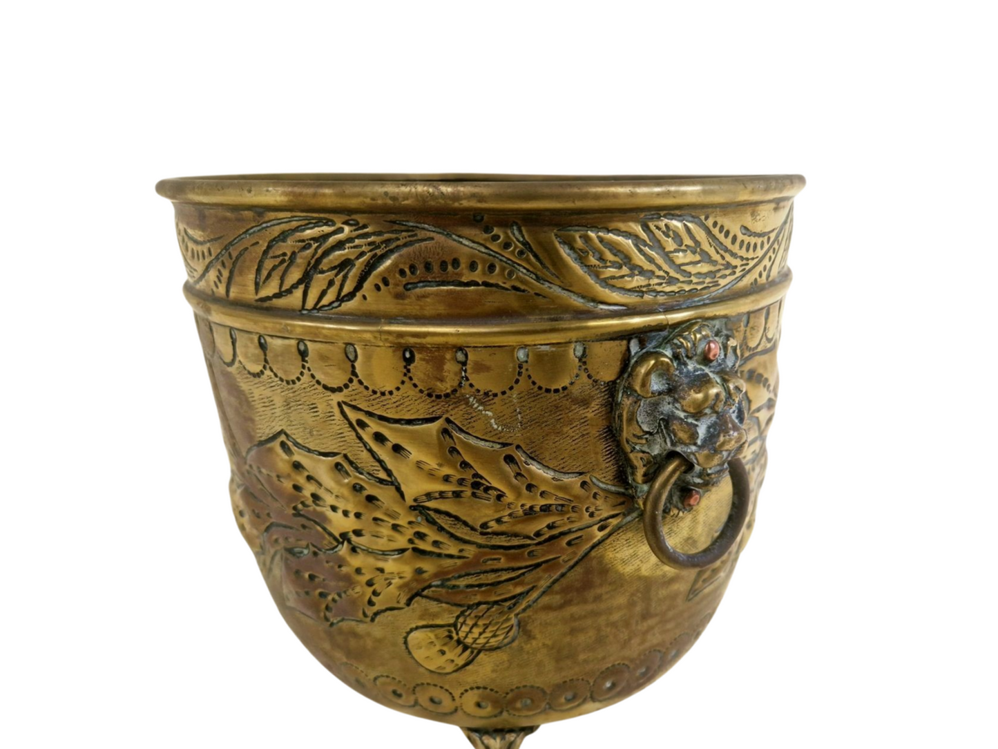 Antique 18th Century French Brass Jardiniére - Flowerpot with Lions Head and Beautiful Patina