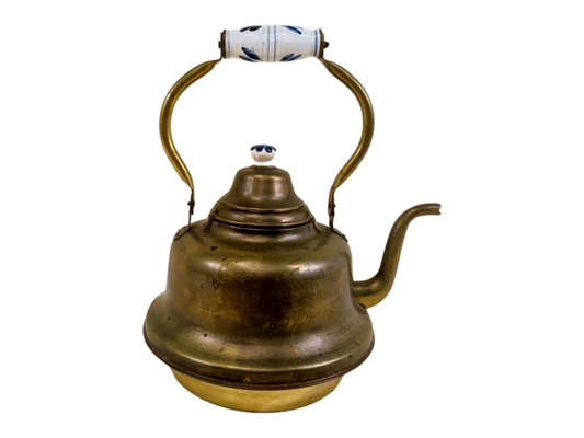 Antique Brass Kettle with White Blue Ceramic Handle - Dutch Vintage Kitchenware, Country Farmhouse Decor