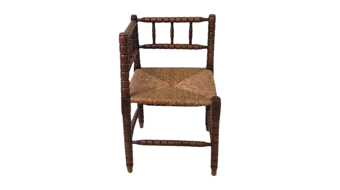 Antique French Bobbin oak wood corner chair with woven wicker seat