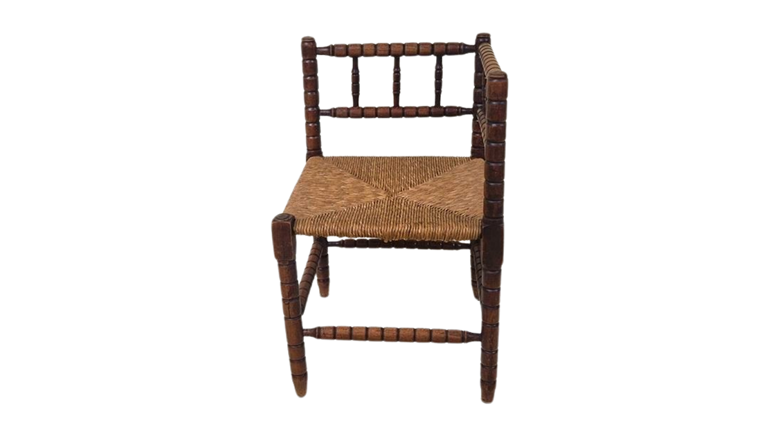 Antique French Bobbin oak wood corner chair with woven wicker seat