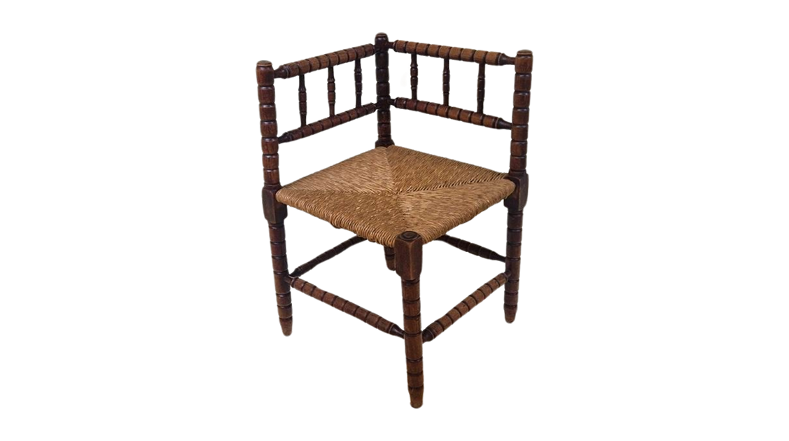 Antique French Bobbin oak wood corner chair with woven wicker seat