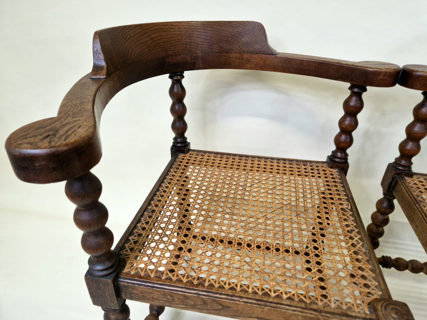 Set of 2 Antique French Bobbin Corner Chairs from the 1920s with rattan seat