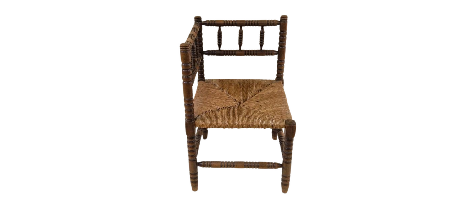 Antique French Bobbin oak wood corner chair with woven wicker seat