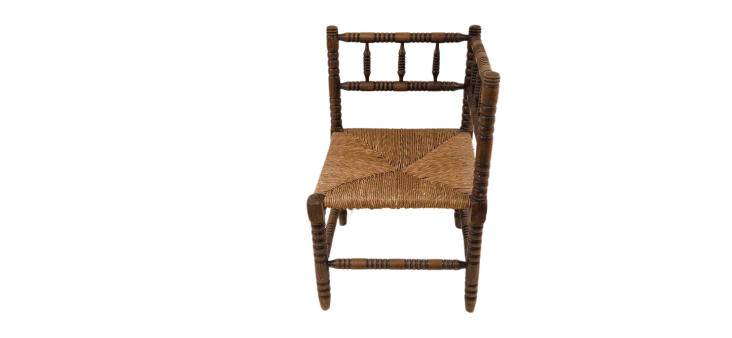 Antique French Bobbin oak wood corner chair with woven wicker seat