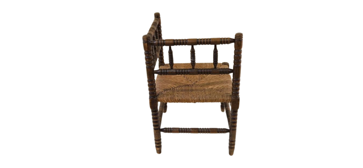 Antique French Bobbin oak wood corner chair with woven wicker seat