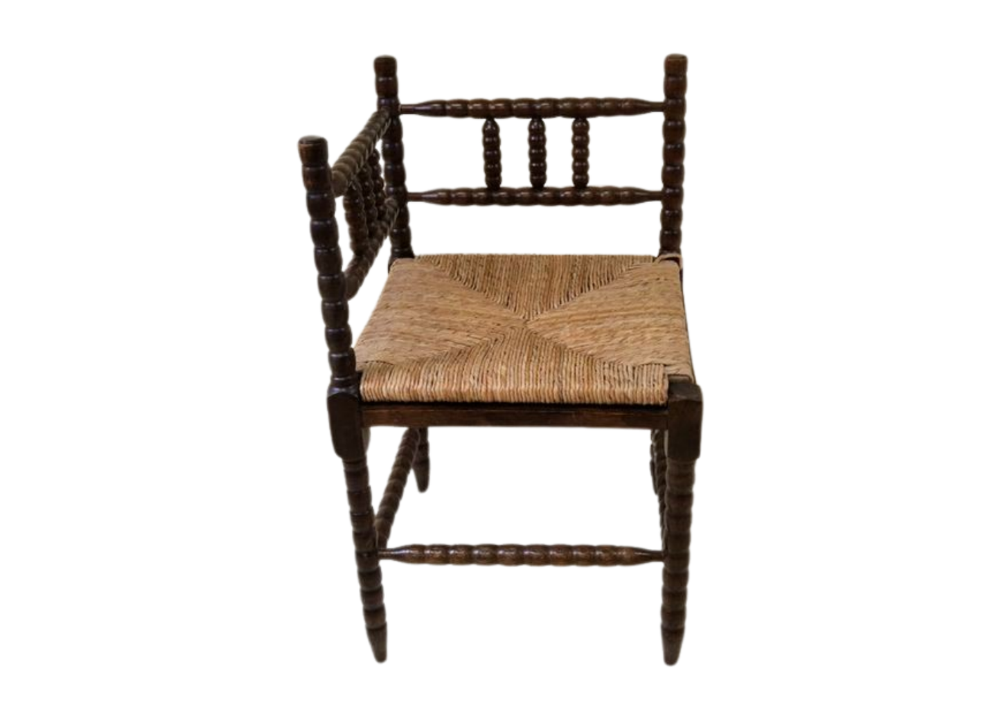 Antique French Bobbin oak wood corner chair with woven wicker seat