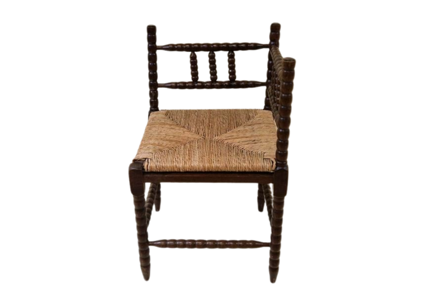 Antique French Bobbin oak wood corner chair with woven wicker seat