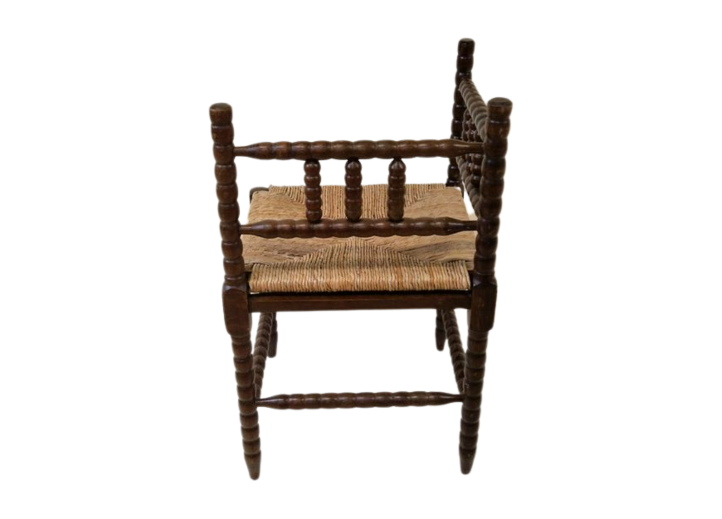 Antique French Bobbin oak wood corner chair with woven wicker seat