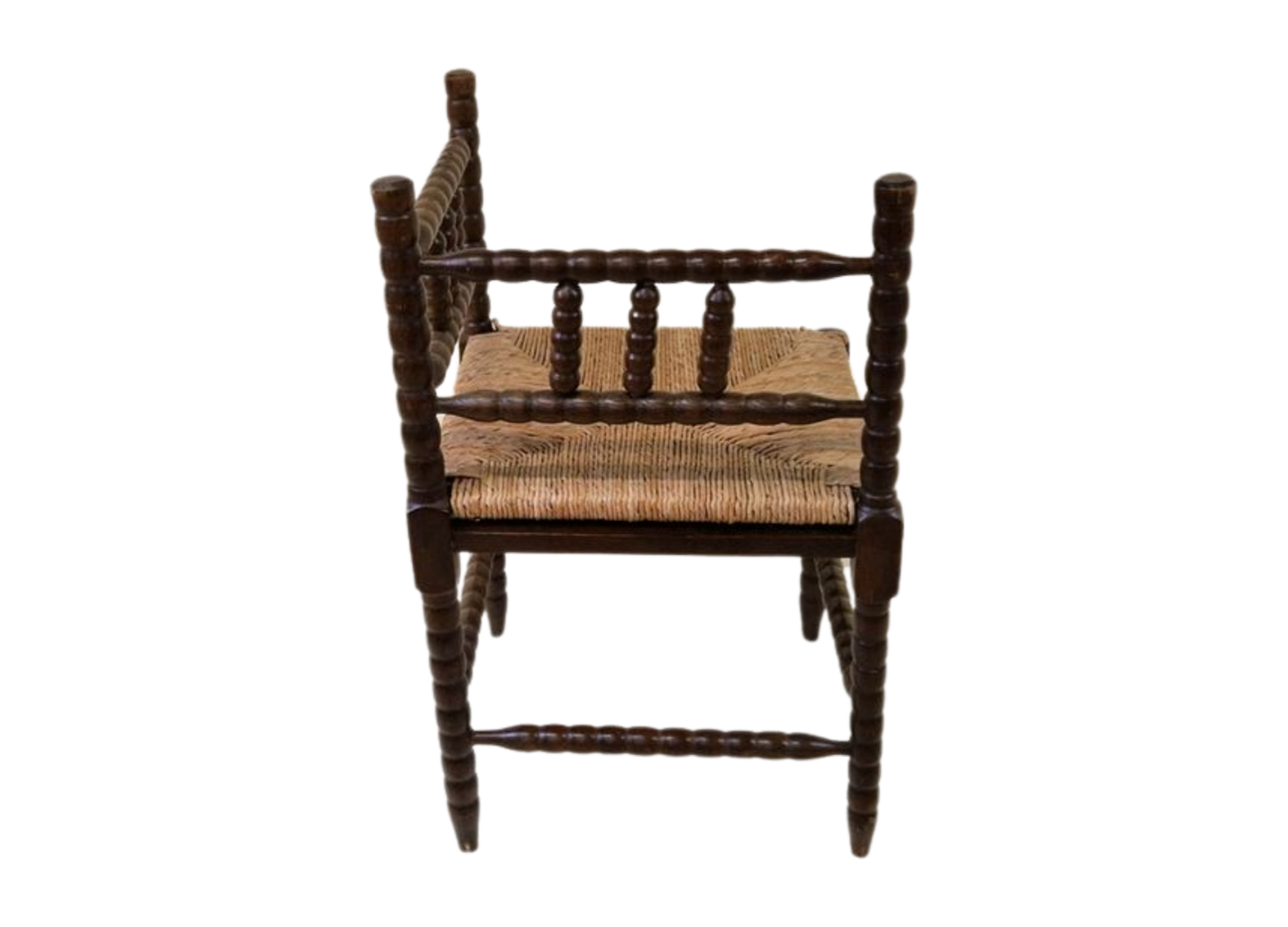 Antique French Bobbin oak wood corner chair with woven wicker seat