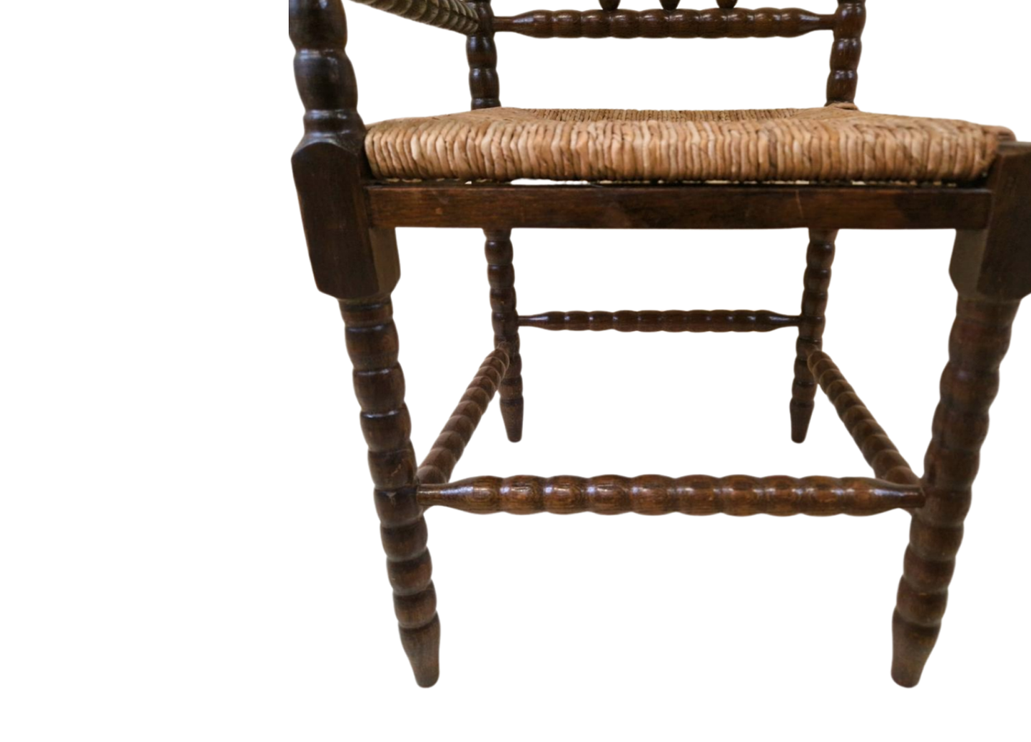 Antique French Bobbin oak wood corner chair with woven wicker seat