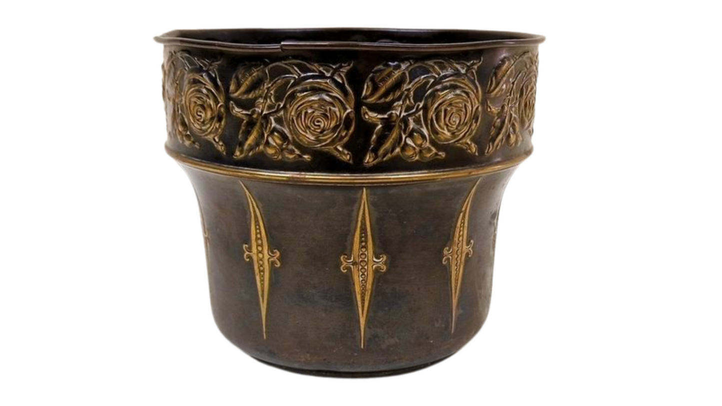 Antique Art Nouveau Copper Floral Repousse Jardiniere - Antique Planter