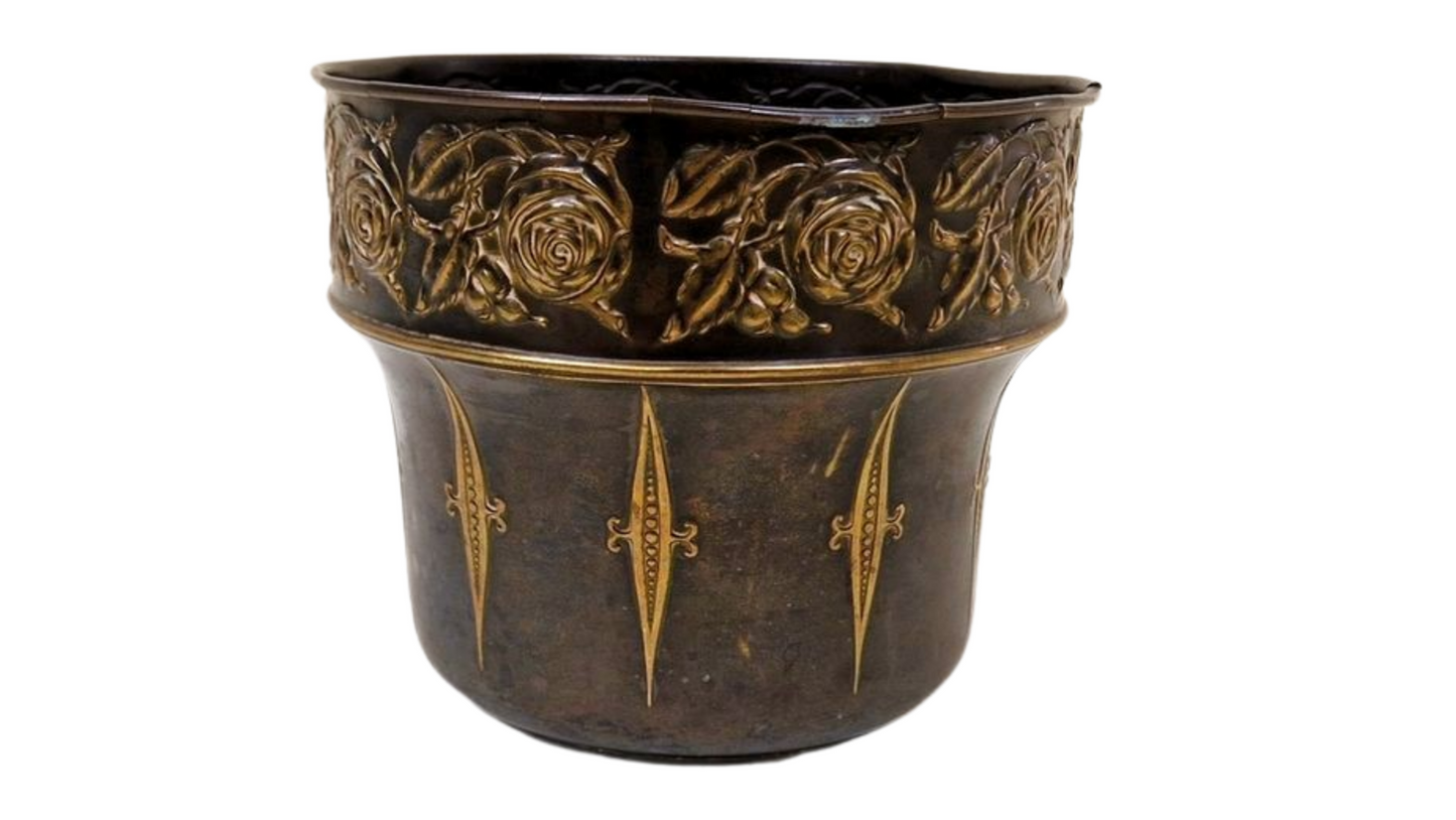 Antique Art Nouveau Copper Floral Repousse Jardiniere - Antique Planter