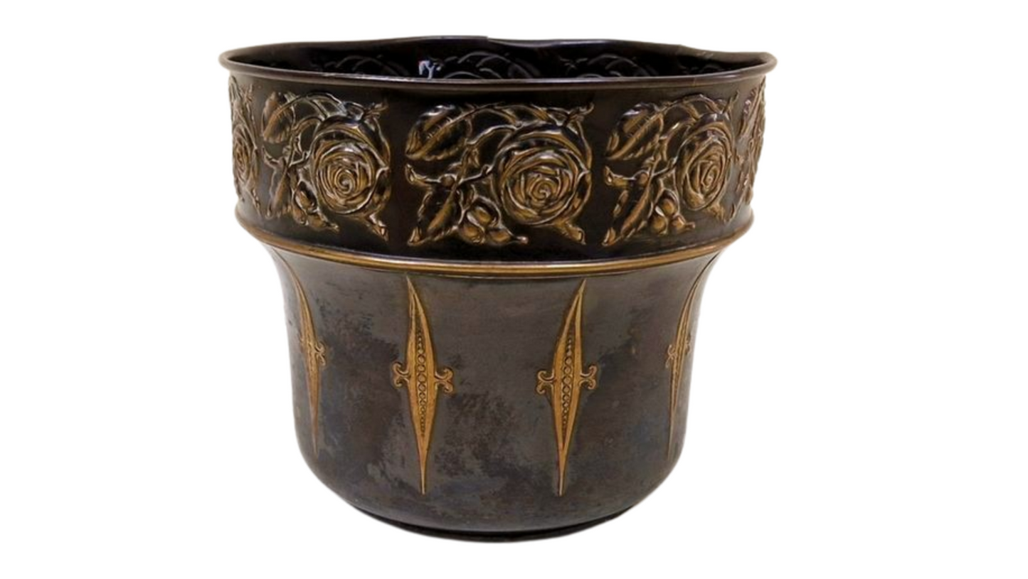 Antique Art Nouveau Copper Floral Repousse Jardiniere - Antique Planter