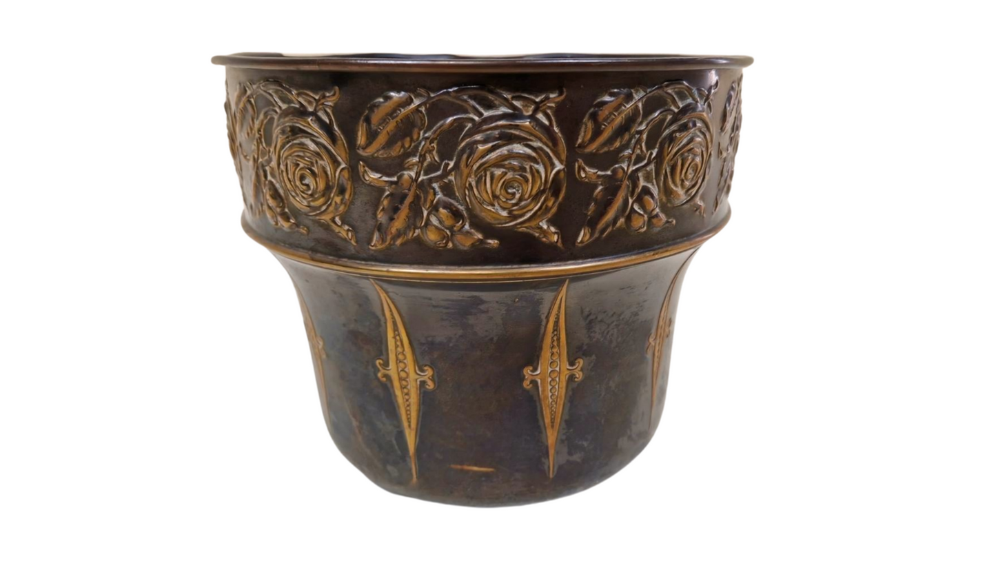 Antique Art Nouveau Copper Floral Repousse Jardiniere - Antique Planter