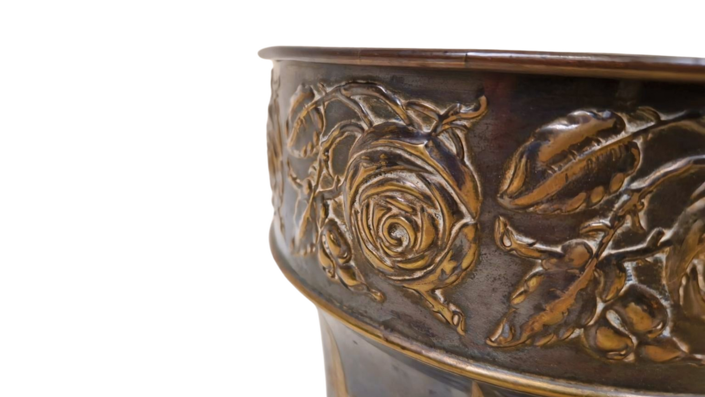 Antique Art Nouveau Copper Floral Repousse Jardiniere - Antique Planter