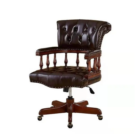 Chesterfield Captain's Chair - Genuine Leather Swivel Desk Chair with Wooden Base for Home Office