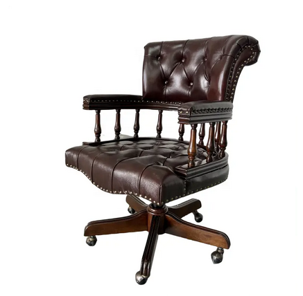 Chesterfield Captain's Chair - Genuine Leather Swivel Desk Chair with Wooden Base for Home Office