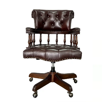 Chesterfield Captain's Chair - Genuine Leather Swivel Desk Chair with Wooden Base for Home Office