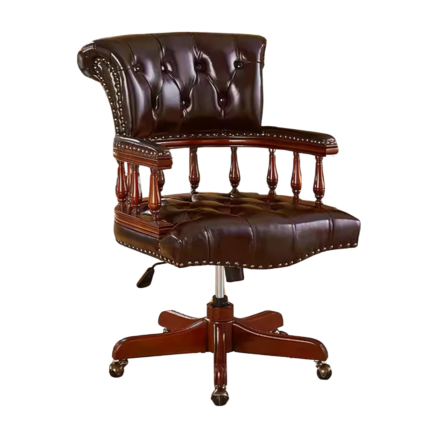 Chesterfield Captain's Chair - Genuine Leather Swivel Desk Chair with Wooden Base for Home Office