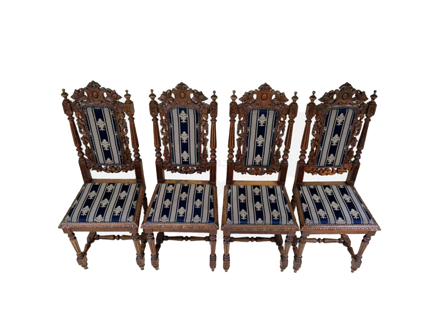 19e-eeuwse Franse renaissance gesneden eetkamerstoelen - set van 4 - Eikenhout - kasteelstoelen