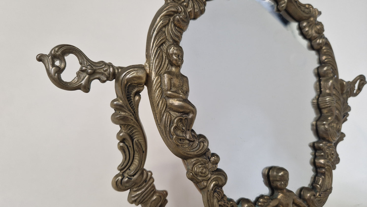 Antique Solid Brass French Mirror with Cherubs - Ornate Vintage Decor