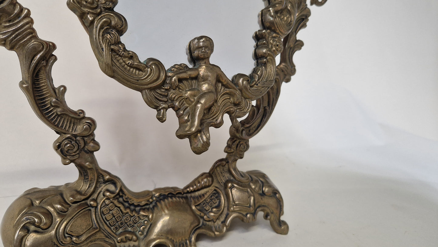 Antique Solid Brass French Mirror with Cherubs - Ornate Vintage Decor