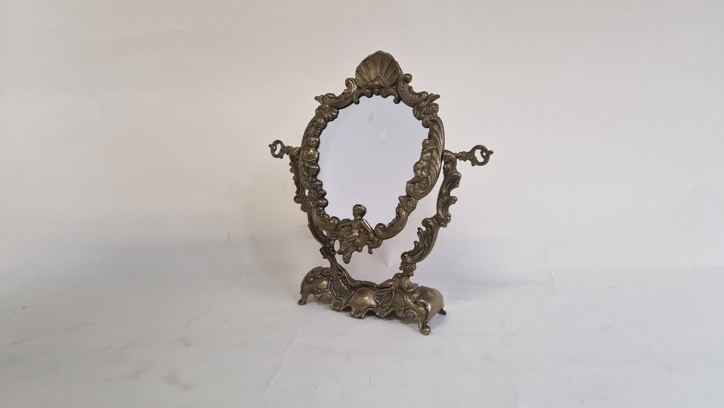 Antique Solid Brass French Mirror with Cherubs - Ornate Vintage Decor