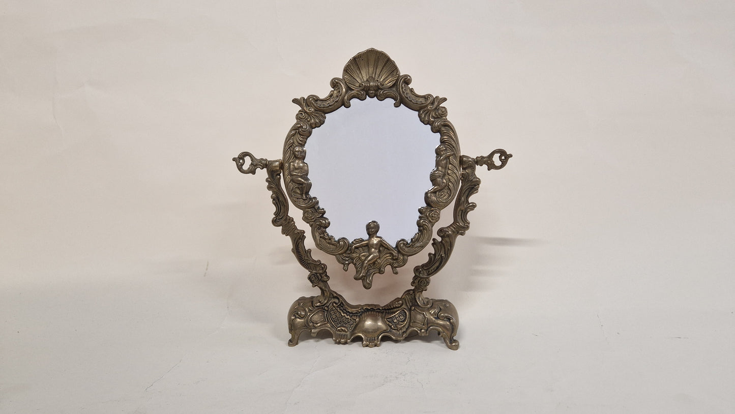 Antique Solid Brass French Mirror with Cherubs - Ornate Vintage Decor