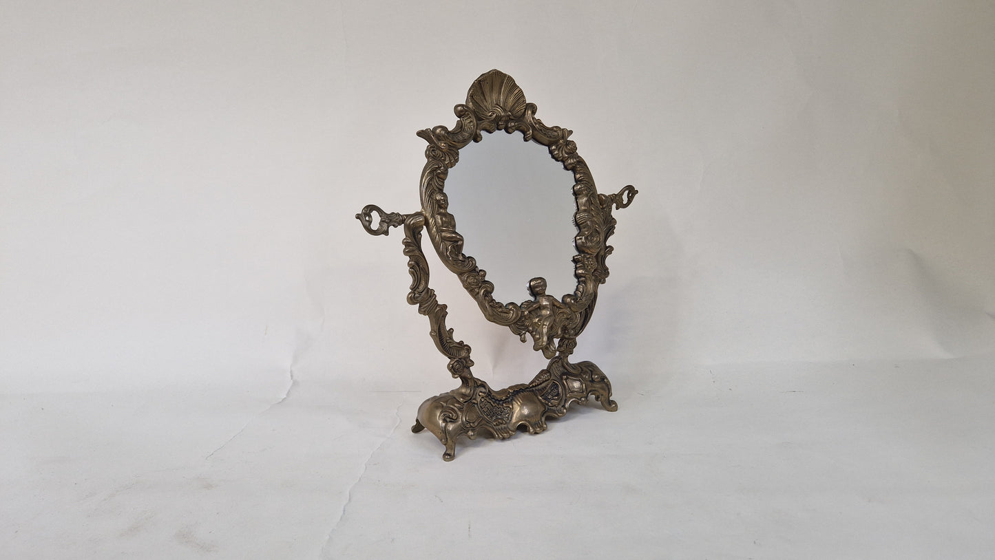 Antique Solid Brass French Mirror with Cherubs - Ornate Vintage Decor