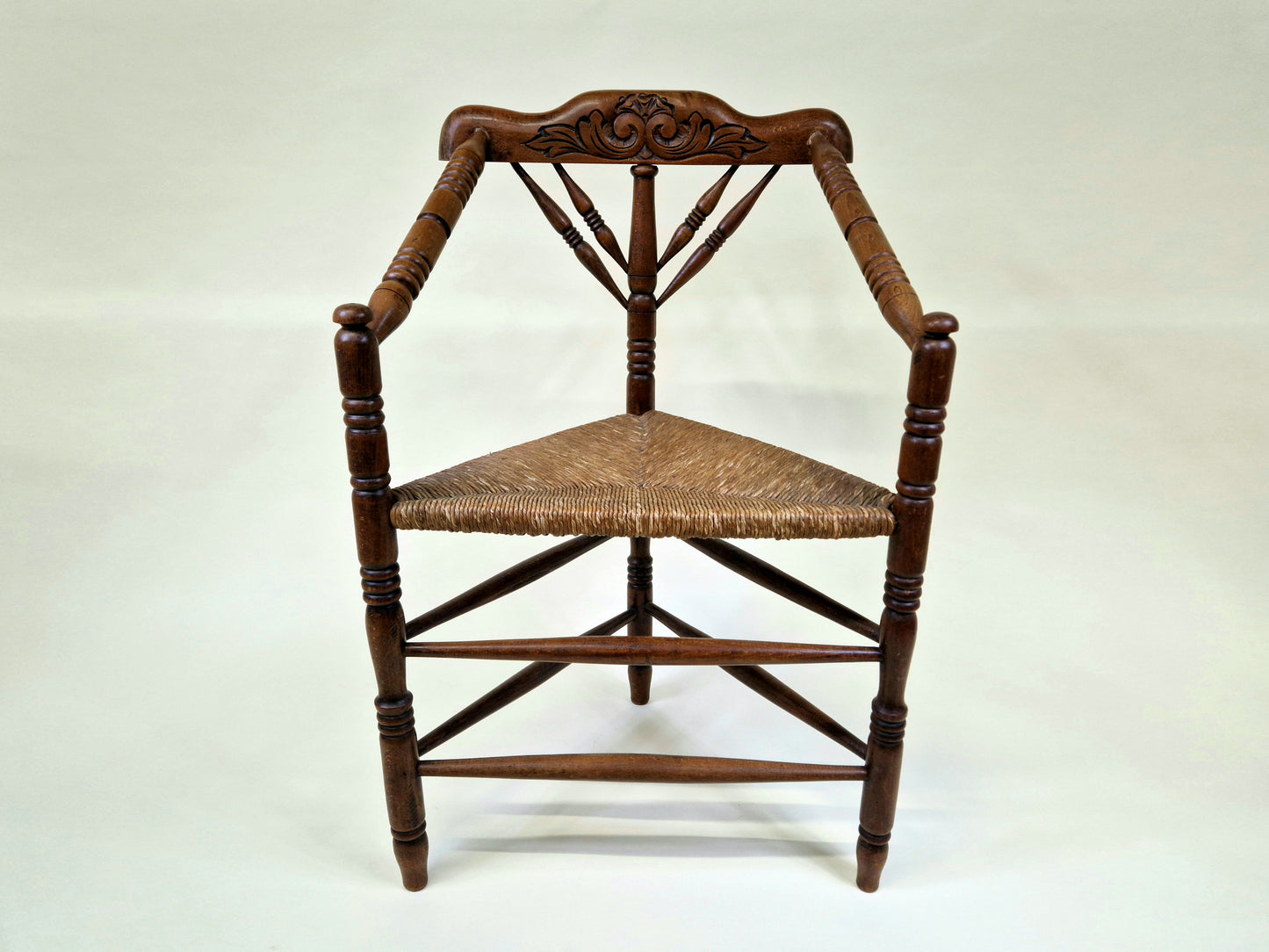 Antique 3 Leg Oak Carved Knitting Chair with Aged Wicker Seat