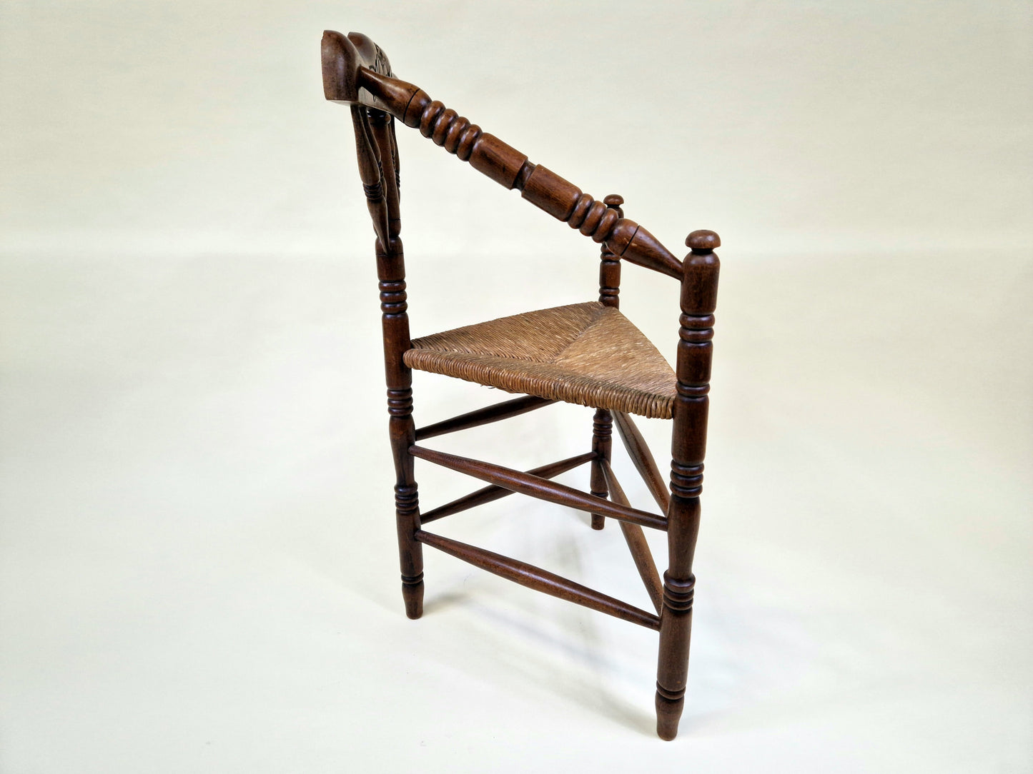 Antique 3 Leg Oak Carved Knitting Chair with Aged Wicker Seat