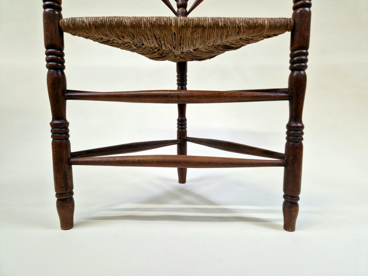 Antique 3 Leg Oak Carved Knitting Chair with Aged Wicker Seat