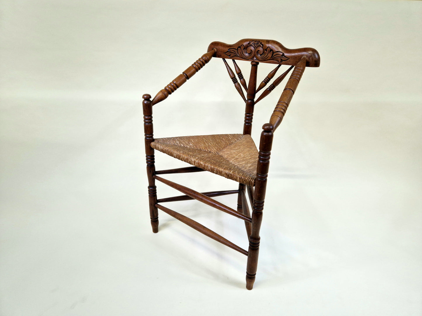 Antique 3 Leg Oak Carved Knitting Chair with Aged Wicker Seat