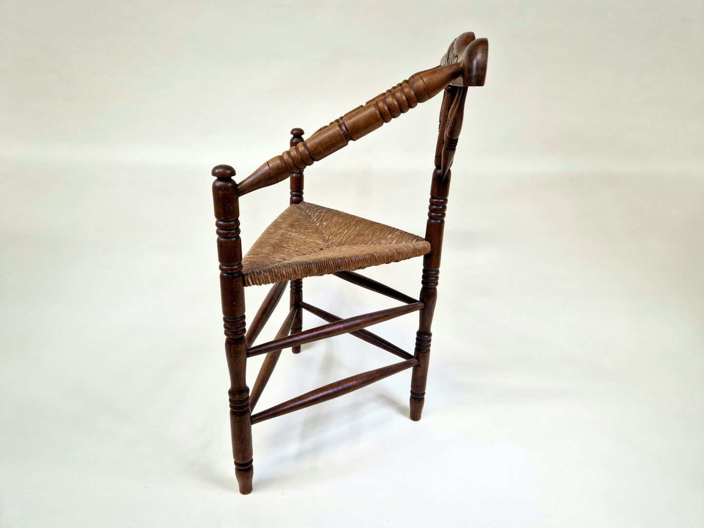 Antique 3 Leg Oak Carved Knitting Chair with Aged Wicker Seat