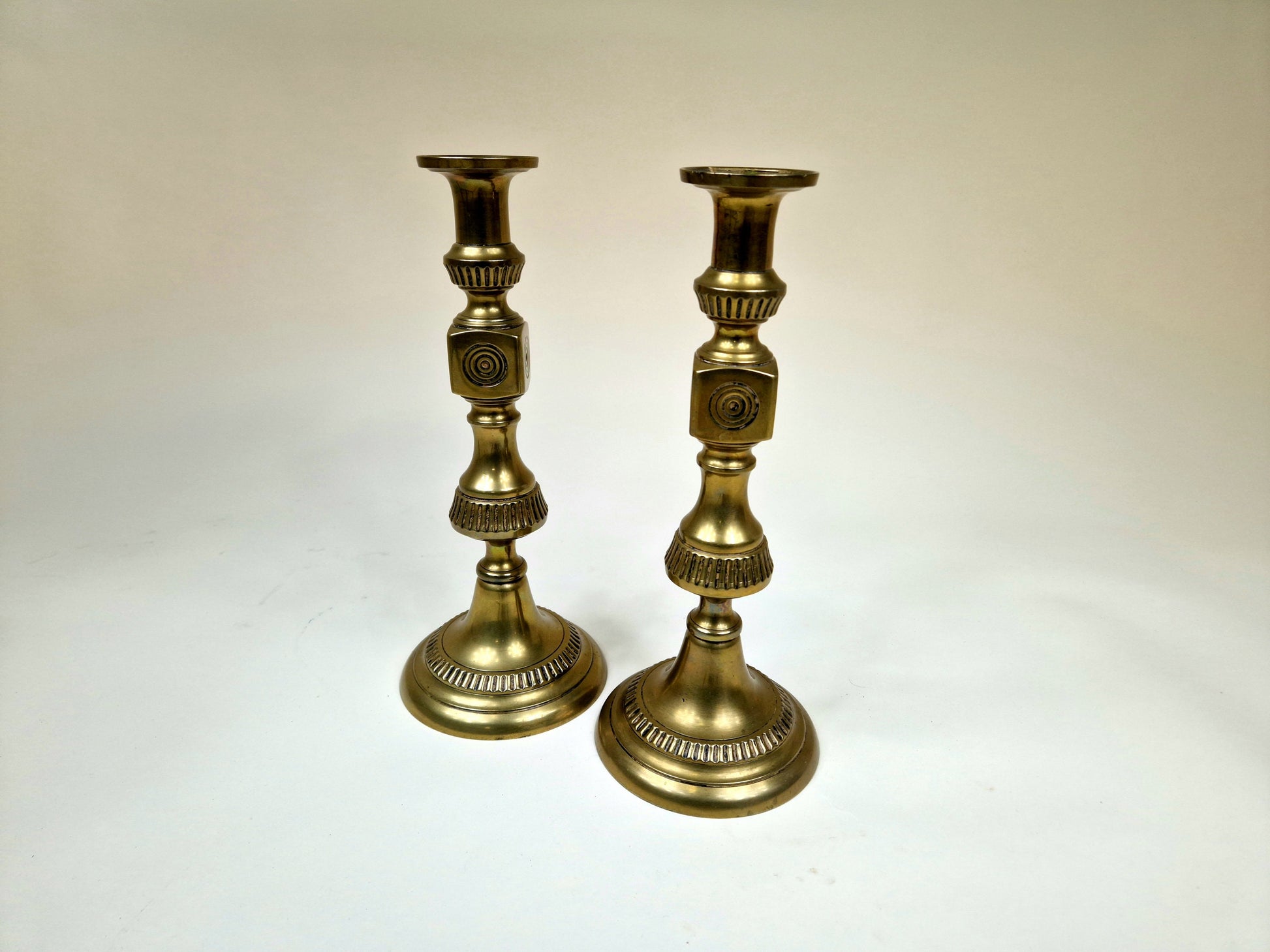 Antique Victorian Brass candle holders with Bullseye Design - Set of 2